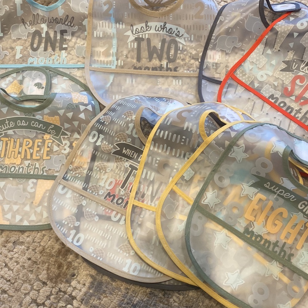 assorted washable milestone bibs 0-12mo
